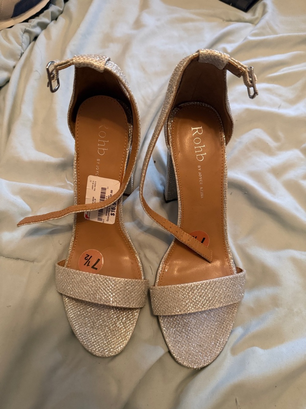 ROHB Silver Glitter Ankle-Strap Block Heel Sandals